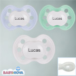Pakke med 3 stk. Baby Nova sutter med navn (Lysebl�, Hvid, Mint Gr�n) Symmetriske Silikone fra 6 md.